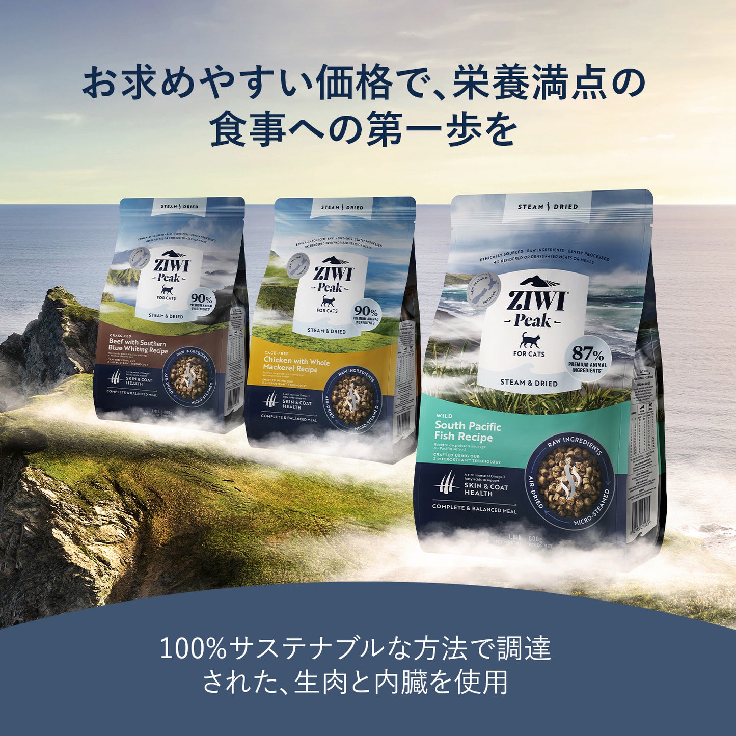 ZIWI PEAK ジウィピーク スチーム&ドライ・キャットフード グラスフェッドビーフ with サザン・ブルー・ホワイティングレシピ 800g 全年齢対応 (取り寄せ/5営業日以内に発送予定)